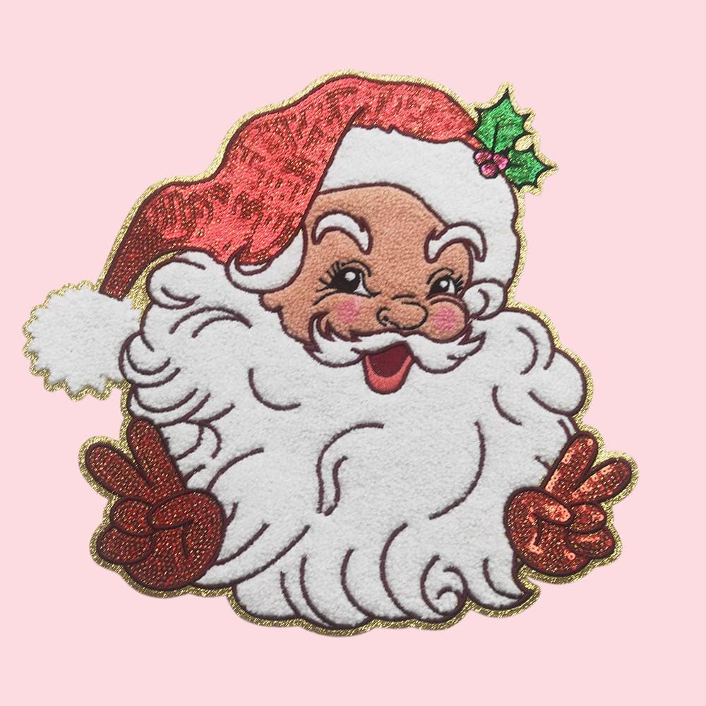 Santa Peace Sign Sequin Iron On Patch